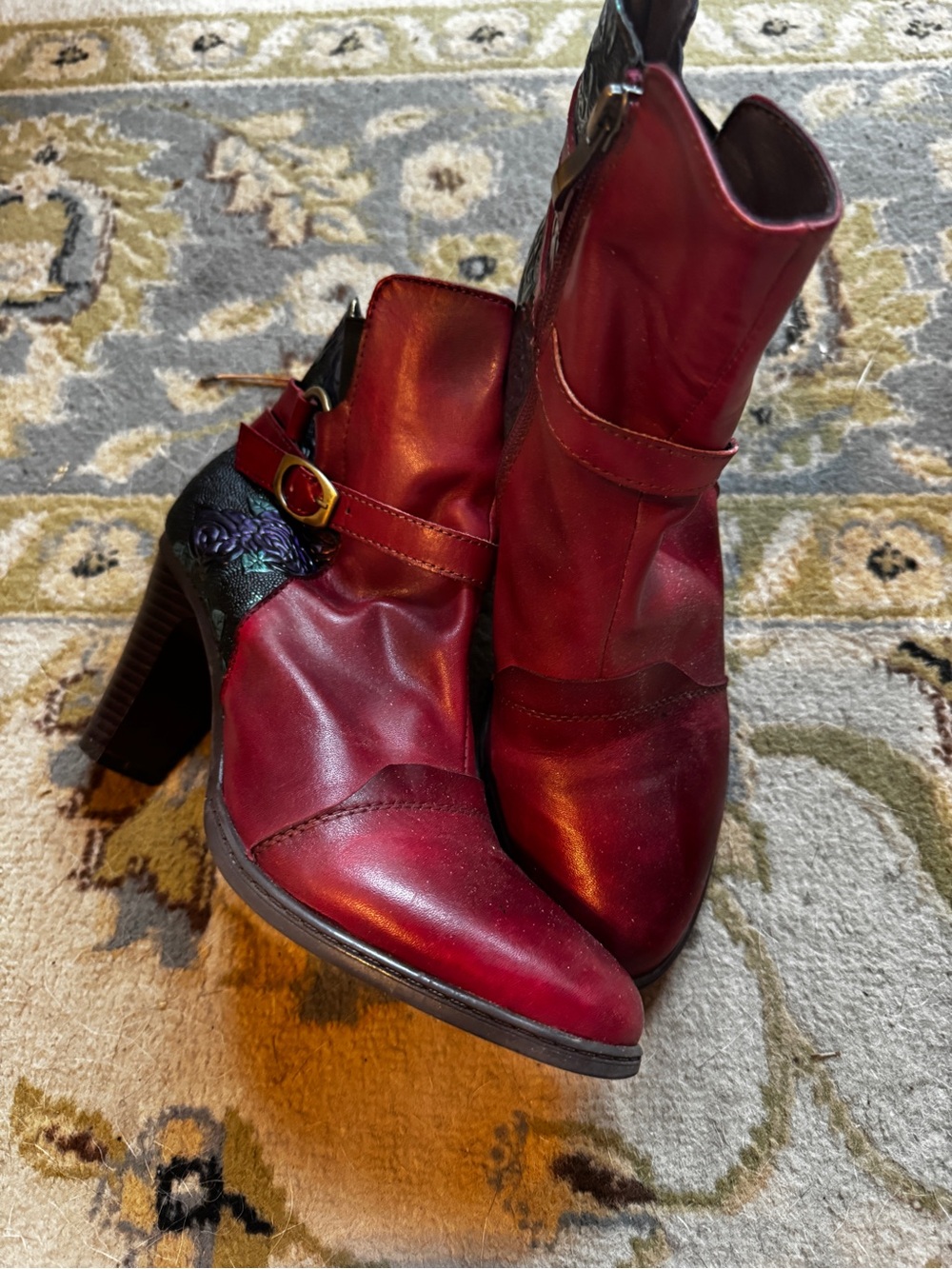 Women's Burgundy Ankle Booties with Decorative Buckle Detail